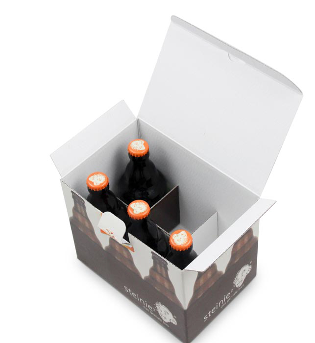 Faltschachtel Verpackung fuer Bierflaschen mit eingebautem Trenner aus Wellpapp Karton